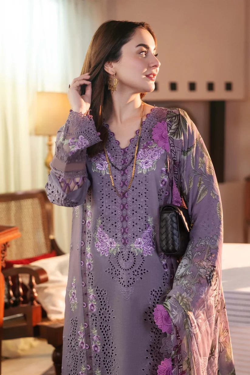 QALAMKAR LAWN 3PC - LAWN EMB SHIRT WITH MONARK PRINTED DUPATTA AND LAWN DYED TROUSER | RP-3713