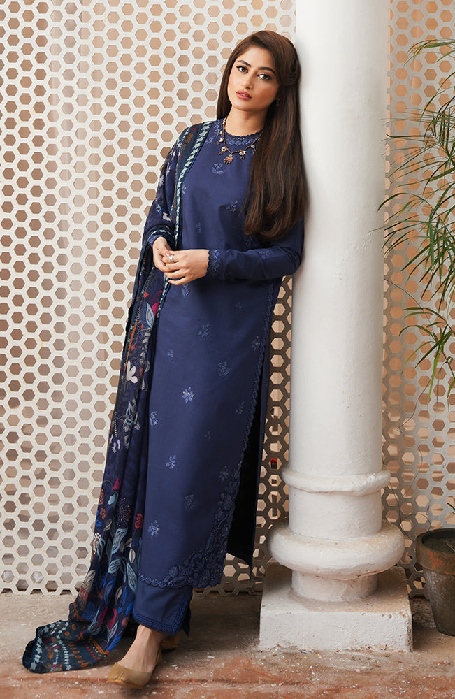 SERAN-3PC DHANAK EMBROIDERED SHIRT WITH COURTRAI WOOL PRINTED SHAWL & TROUSER-BIC-4020