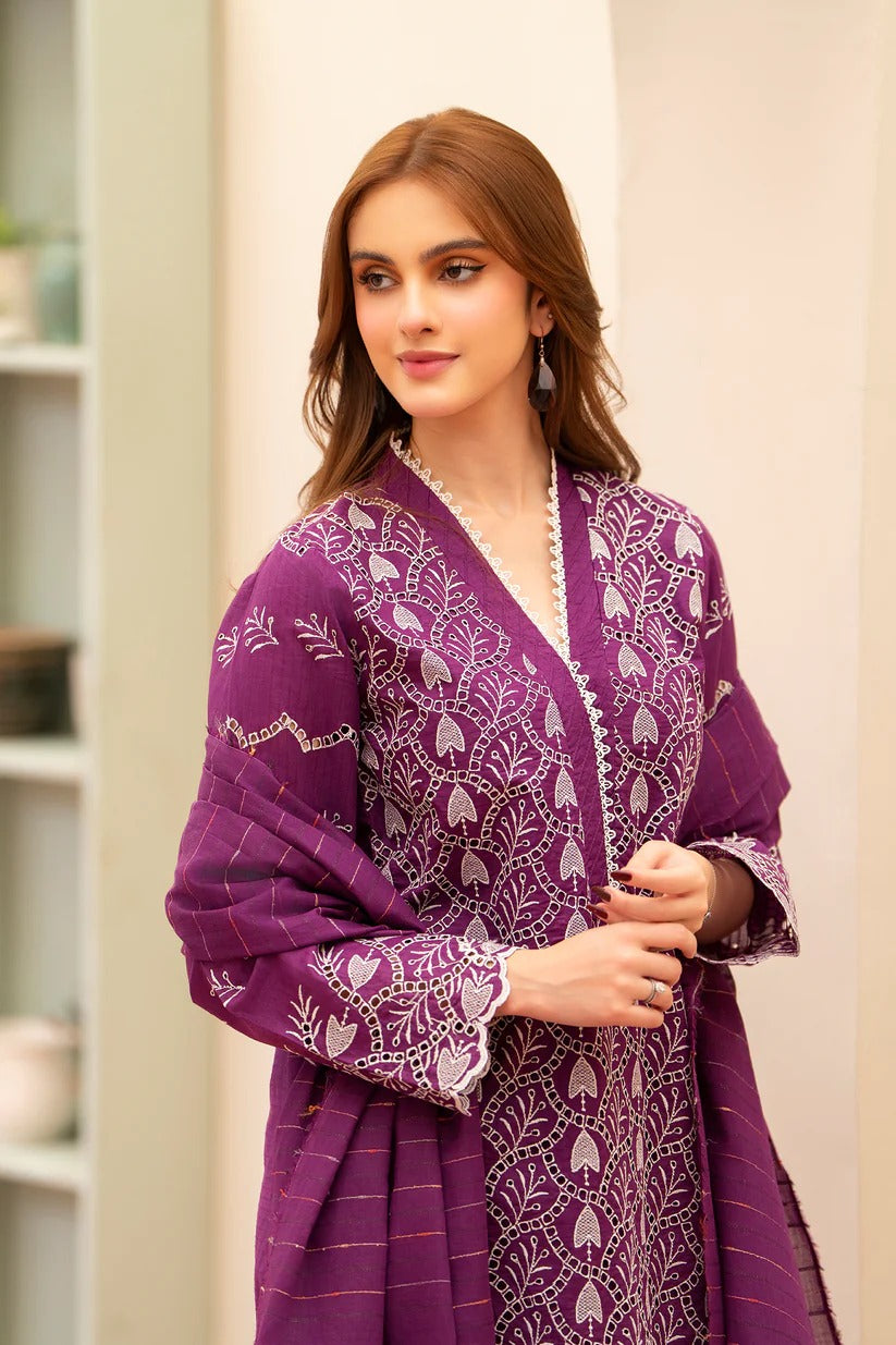 MIRAKHI LAWN 3PC - LAWN CHIKANKARI EMB SHIRT WITH LAWN TUBE SLUB DUPATTA AND LAWN DYED TROUSER | RP