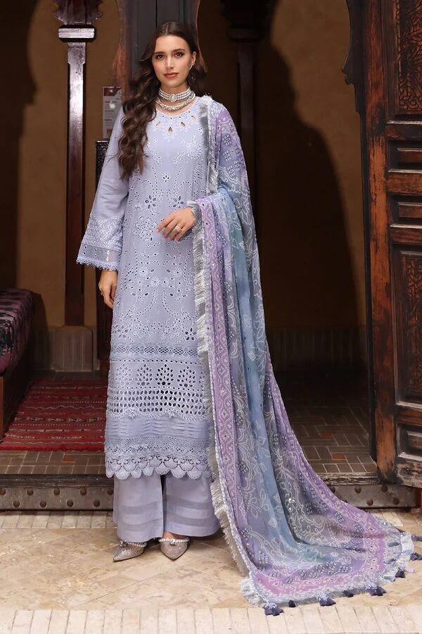 NUREH LAWN 3PC - LAWN CHIKANKARI EMB SHIRT WITH MONARK PRINTED DUPATTA AND LAWN EMB TROUSER | RP-3709