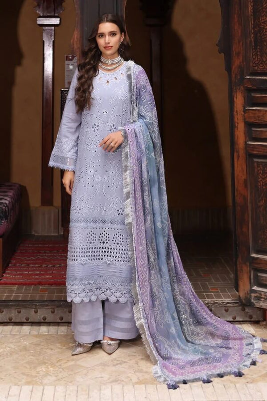 NUREH LAWN 3PC - LAWN CHIKANKARI EMB SHIRT WITH MONARK PRINTED DUPATTA AND LAWN EMB TROUSER | RP-3709