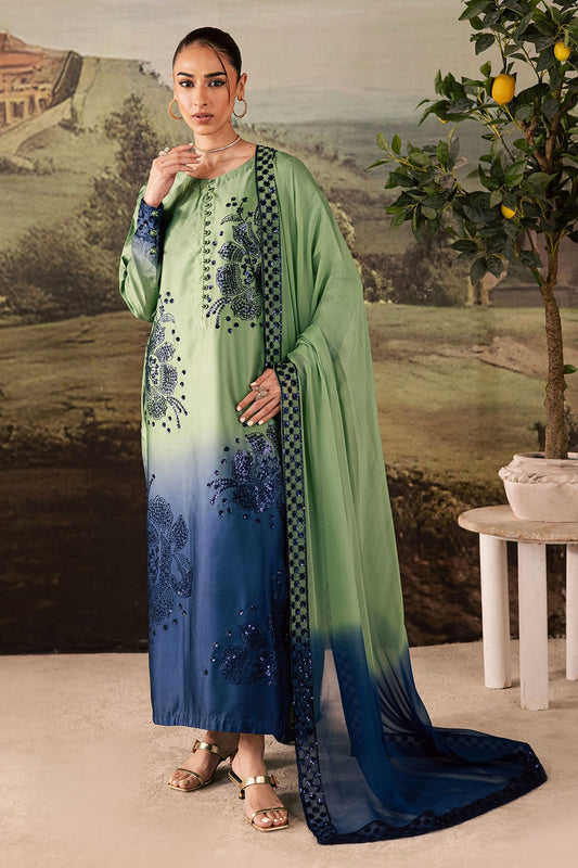 NUREH-3PC SHAMOZE SILK PRINTED EMBROIDERED SHIRT WITH SOFT SILK PRINTED EMB DUPATTA & TROUSER BIC-