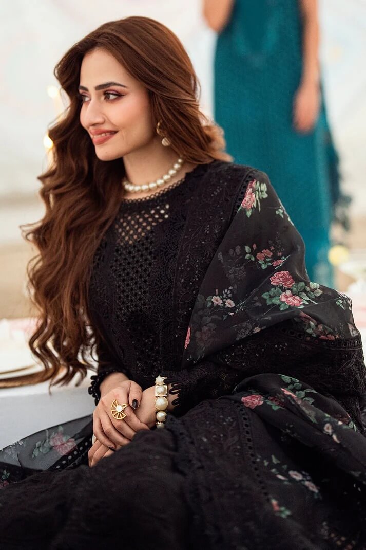 NUREH LAWN 3PC - LAWN CHIKENKARI LASER EMB SHIRT WITH ORGANZA PRINTED DUPATTA AND LAWN DYED TROUSER | RP-3667