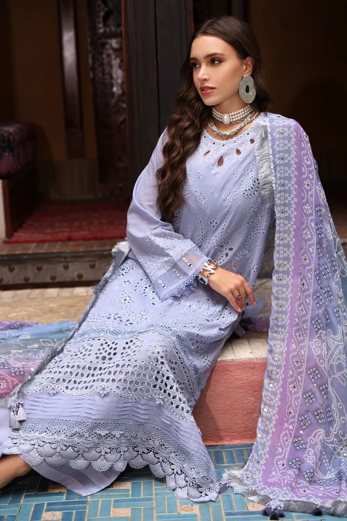 NUREH LAWN 3PC - LAWN CHIKANKARI EMB SHIRT WITH MONARK PRINTED DUPATTA AND LAWN EMB TROUSER | RP-3709