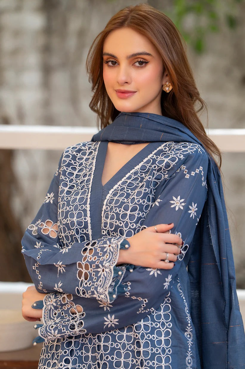 MIRAKHI LAWN 3PC - LAWN CHIKANKARI EMB SHIRT WITH LAWN TUBE SLUB DUPATTA AND LAWN DYED TROUSER | RP