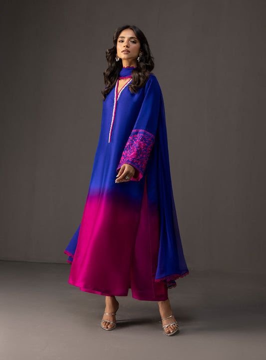 ZAINAB CHOTTANI-3PC SHAMOZE SILK PRINTED EMB SHIRT WITH SOFT SILK PRINTED DUPATTA & TROUSER BIC-
