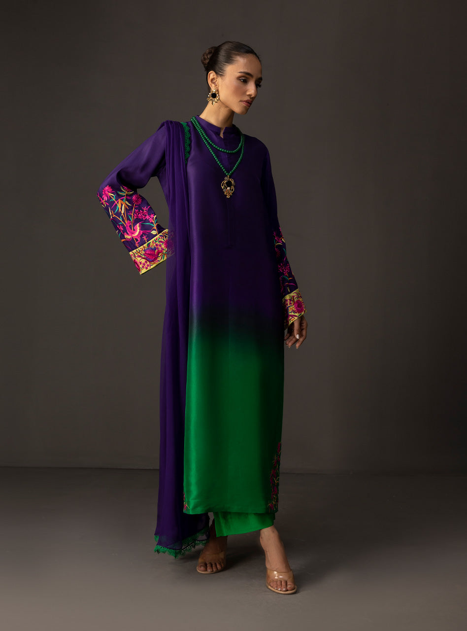ZAINAB CHOTTANI-3PC SHAMOZE SILK PRINTED EMB SHIRT WITH SOFT SILK PRINTED DUPATTA & TROUSER BIC-