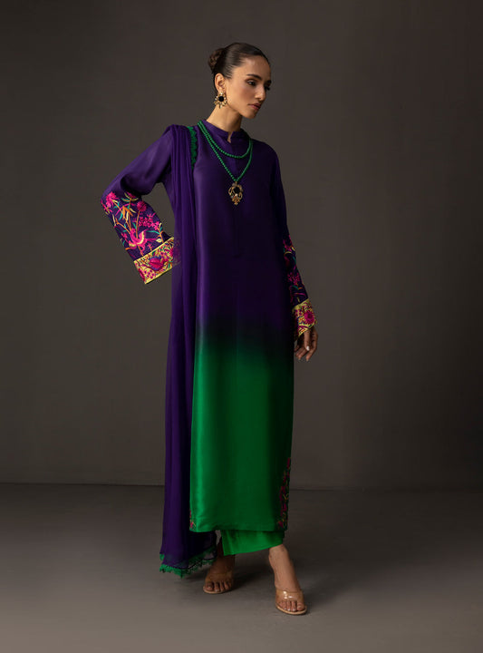 ZAINAB CHOTTANI-3PC SHAMOZE SILK PRINTED EMB SHIRT WITH SOFT SILK PRINTED DUPATTA & TROUSER BIC-