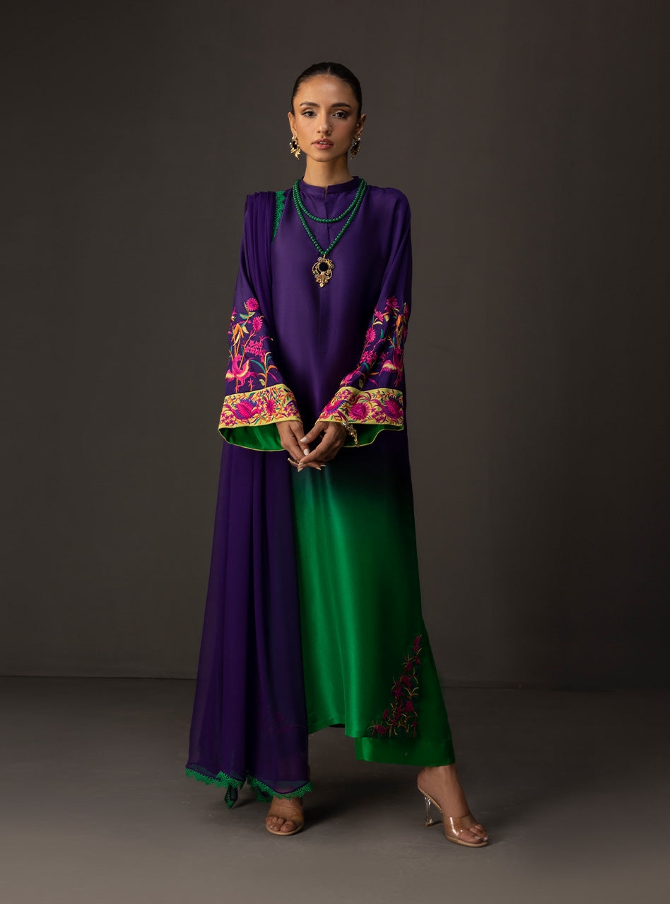ZAINAB CHOTTANI-3PC SHAMOZE SILK PRINTED EMB SHIRT WITH SOFT SILK PRINTED DUPATTA & TROUSER BIC-