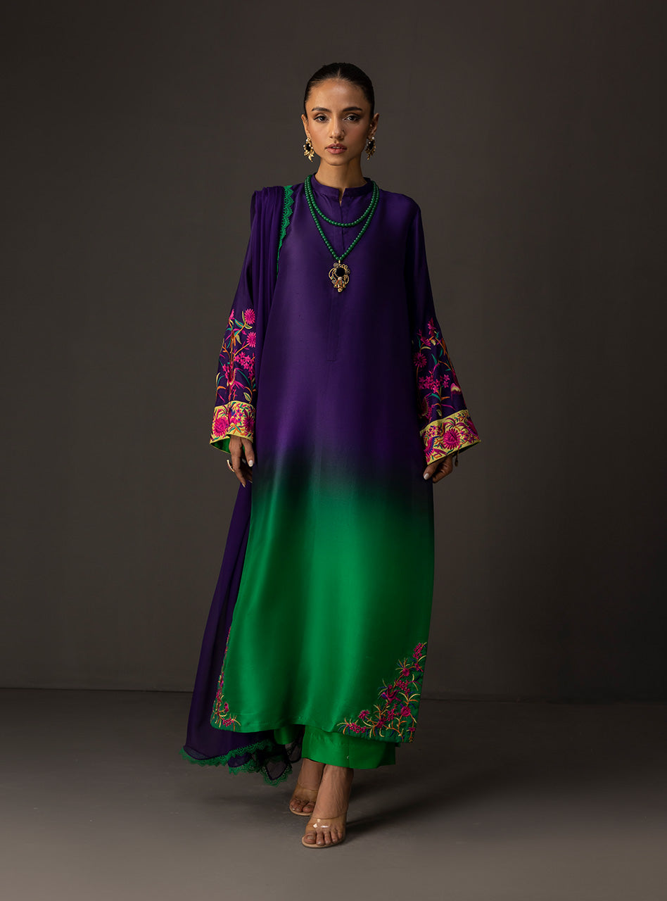ZAINAB CHOTTANI-3PC SHAMOZE SILK PRINTED EMB SHIRT WITH SOFT SILK PRINTED DUPATTA & TROUSER BIC-