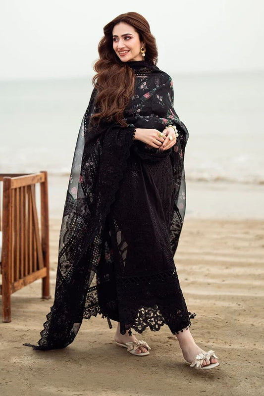 NUREH LAWN 3PC - LAWN CHIKENKARI LASER EMB SHIRT WITH ORGANZA PRINTED DUPATTA AND LAWN DYED TROUSER | RP-3667