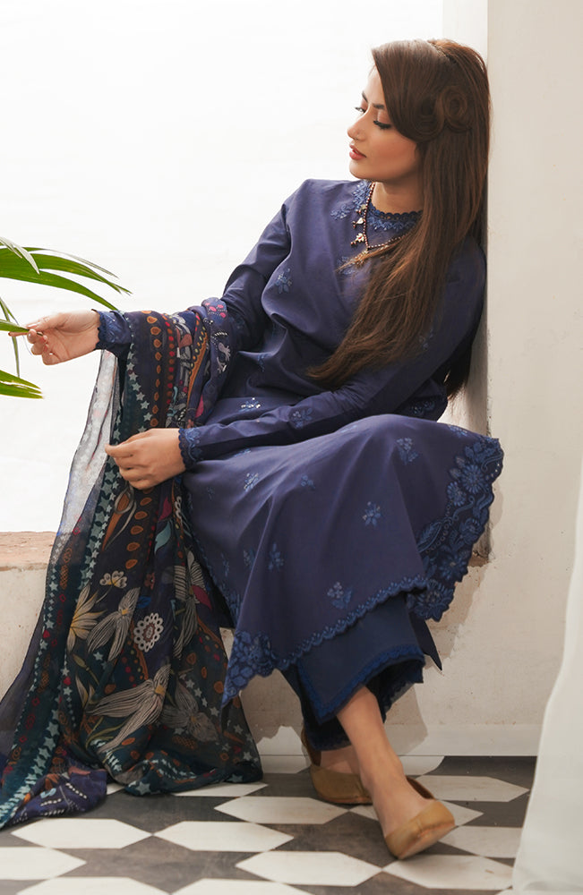 SERAN-3PC DHANAK EMBROIDERED SHIRT WITH COURTRAI WOOL PRINTED SHAWL & TROUSER-BIC-4020