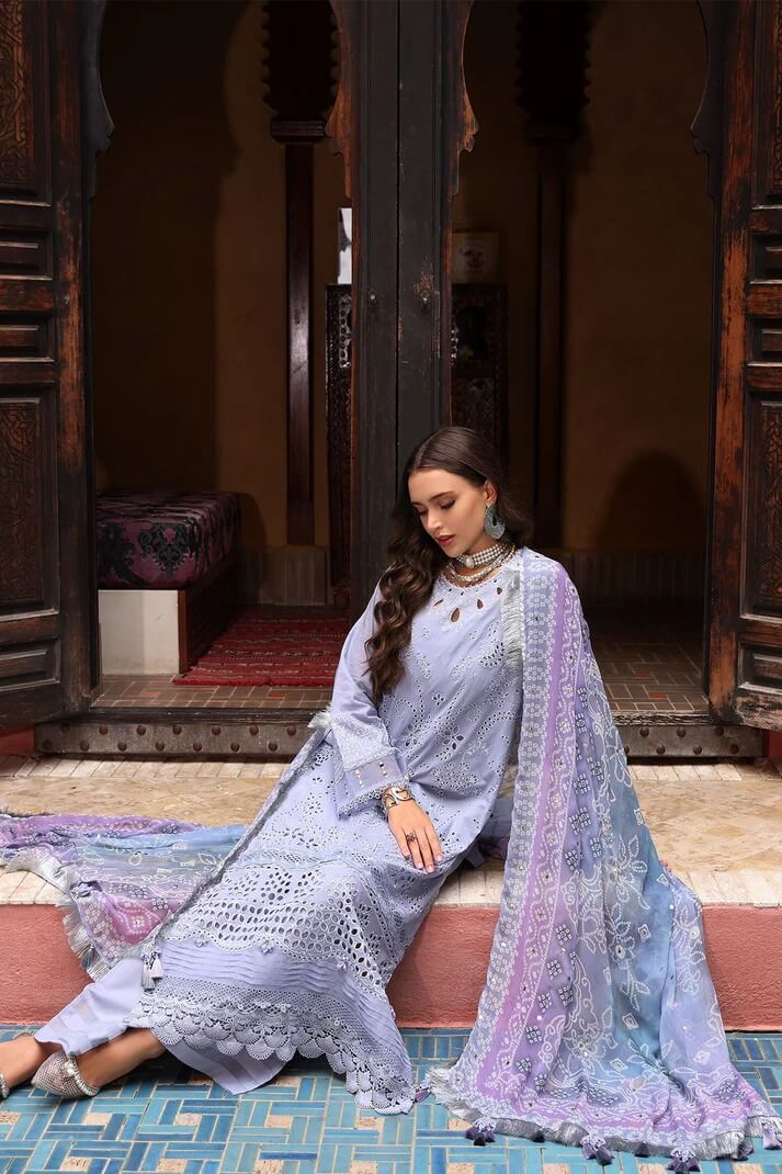 NUREH LAWN 3PC - LAWN CHIKANKARI EMB SHIRT WITH MONARK PRINTED DUPATTA AND LAWN EMB TROUSER | RP-3709