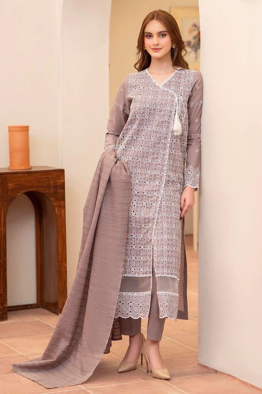MIRAKHI LAWN 3PC - LAWN CHIKANKARI EMB SHIRT WITH LAWN TUBE SLUB DUPATTA AND LAWN DYED TROUSER | RP