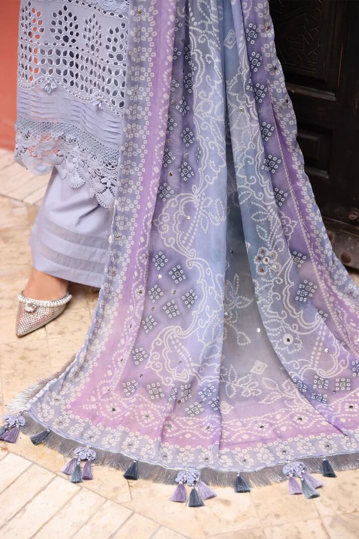 NUREH LAWN 3PC - LAWN CHIKANKARI EMB SHIRT WITH MONARK PRINTED DUPATTA AND LAWN EMB TROUSER | RP-3709