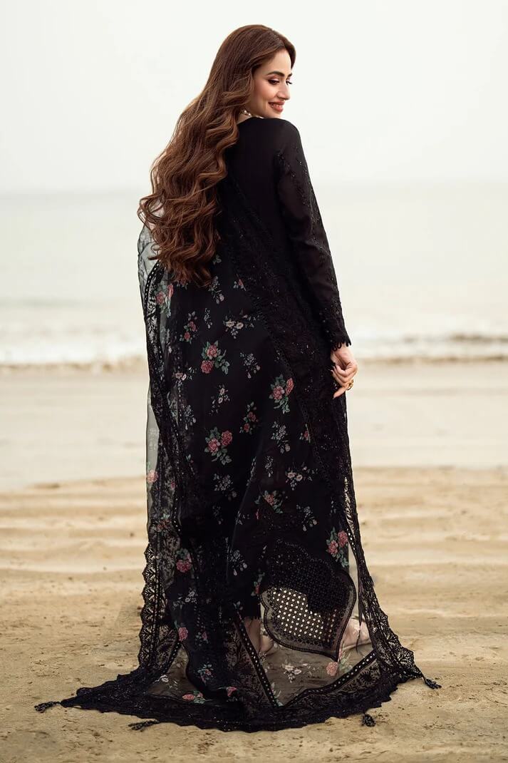 NUREH LAWN 3PC - LAWN CHIKENKARI LASER EMB SHIRT WITH ORGANZA PRINTED DUPATTA AND LAWN DYED TROUSER | RP-3667