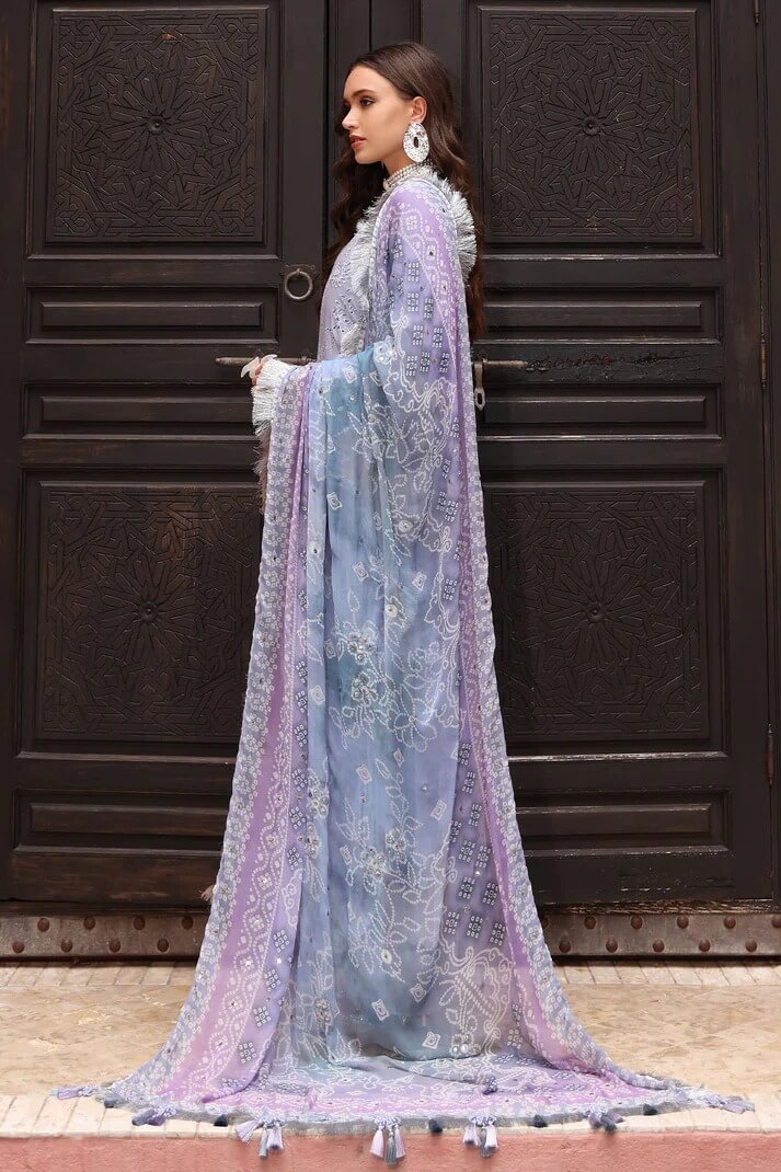 NUREH LAWN 3PC - LAWN CHIKANKARI EMB SHIRT WITH MONARK PRINTED DUPATTA AND LAWN EMB TROUSER | RP-3709