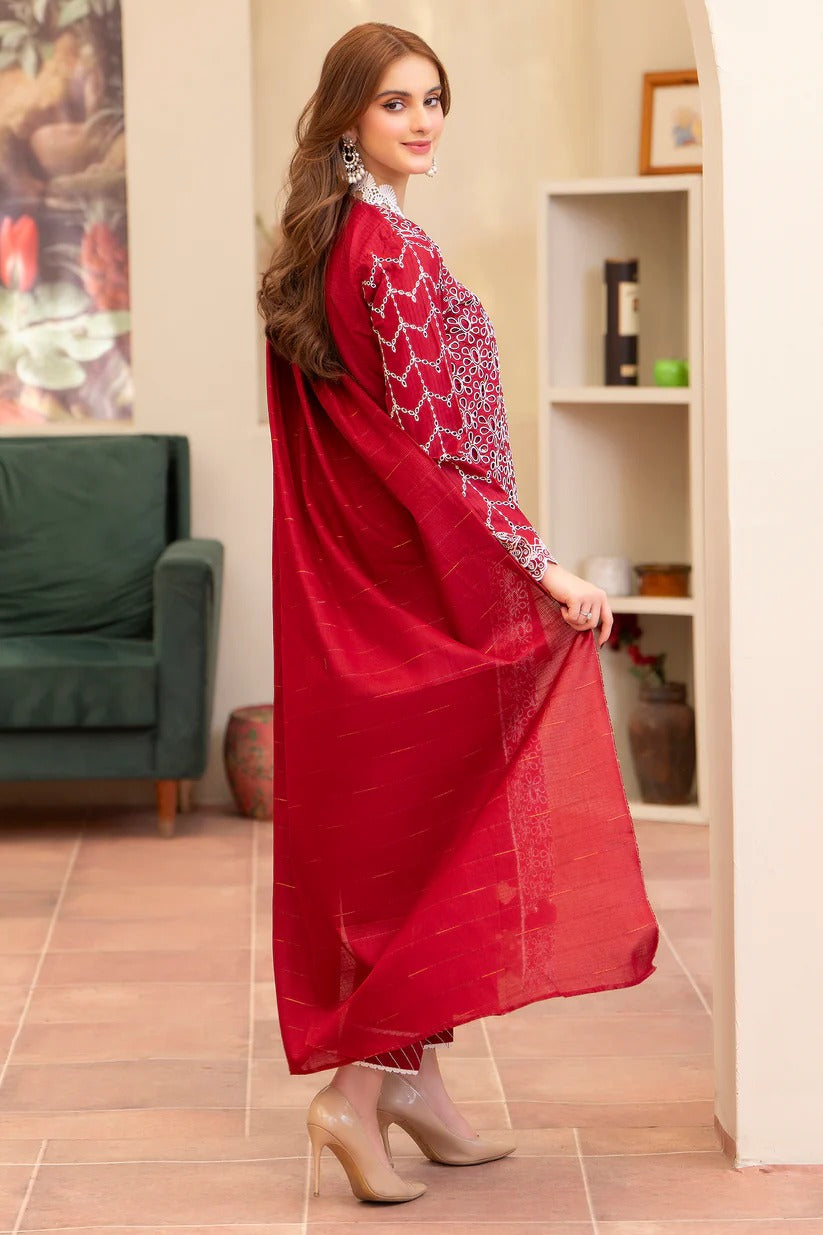 MIRAKHI LAWN 3PC - LAWN CHIKANKARI EMB SHIRT WITH LAWN TUBE SLUB DUPATTA AND LAWN DYED TROUSER | RP
