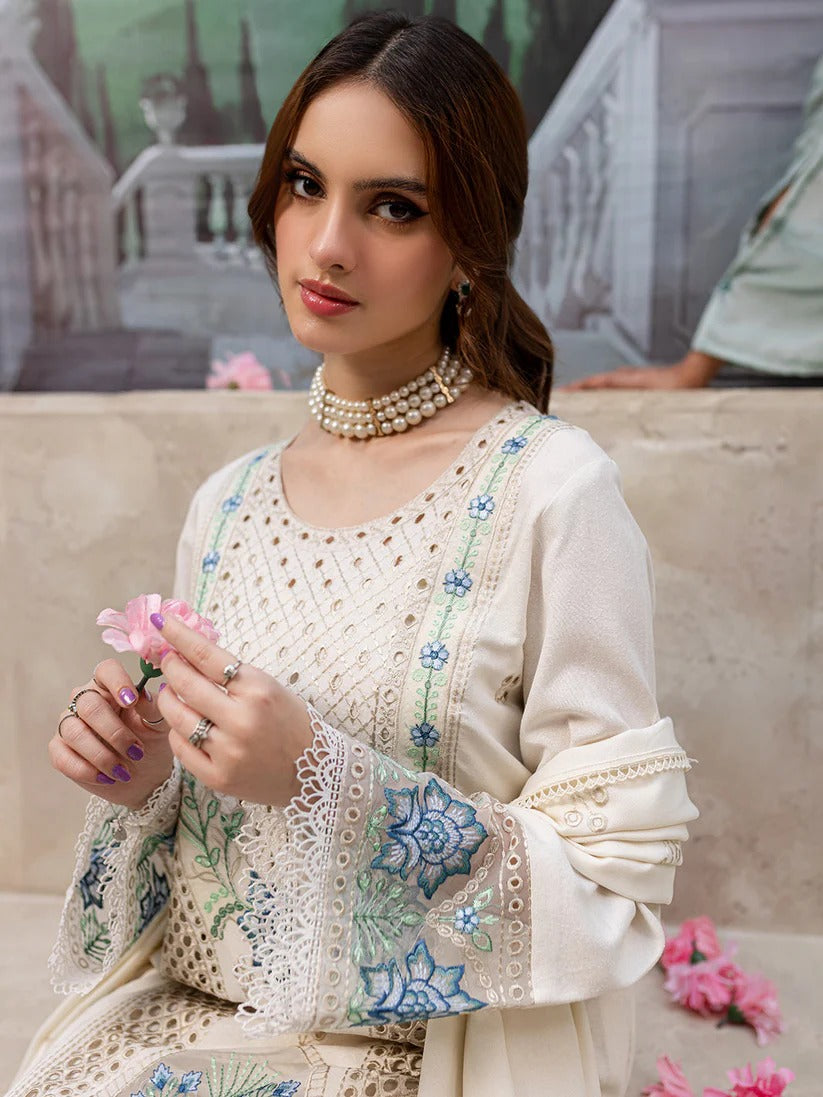 JAZMIN LAWN 3PC - LAWN LASERCUT EMB SHIRT WITH LAWN LASERCUT EMB READY TO WEAR DUPATTA AND LAWN DYED TROUSER | RP-3650