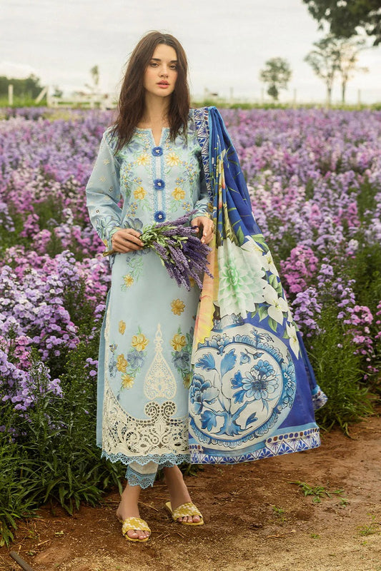 MUSHQ LAWN 3PC - LAWN EMB SHIRT WITH CHIFFON PRINTED DUPATTA AND LAWN DYED TROUSER | RP-3729