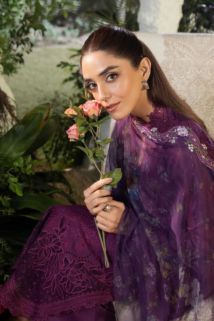 SOBIA NAZIR LAWN 3PC - LAWN LASERCUT EMB SHIRT WITH MONARK PRINTED DUPATTA AND LAWN DYED TROUSER | RP-3698