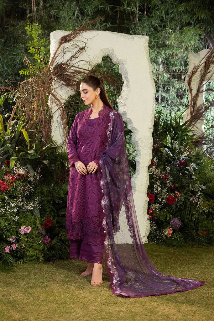 SOBIA NAZIR LAWN 3PC - LAWN LASERCUT EMB SHIRT WITH MONARK PRINTED DUPATTA AND LAWN DYED TROUSER | RP-3698