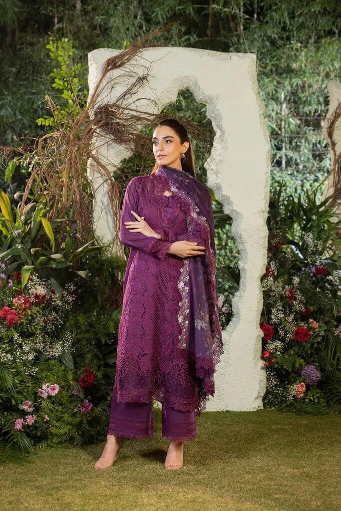 SOBIA NAZIR LAWN 3PC - LAWN LASERCUT EMB SHIRT WITH MONARK PRINTED DUPATTA AND LAWN DYED TROUSER | RP-3698