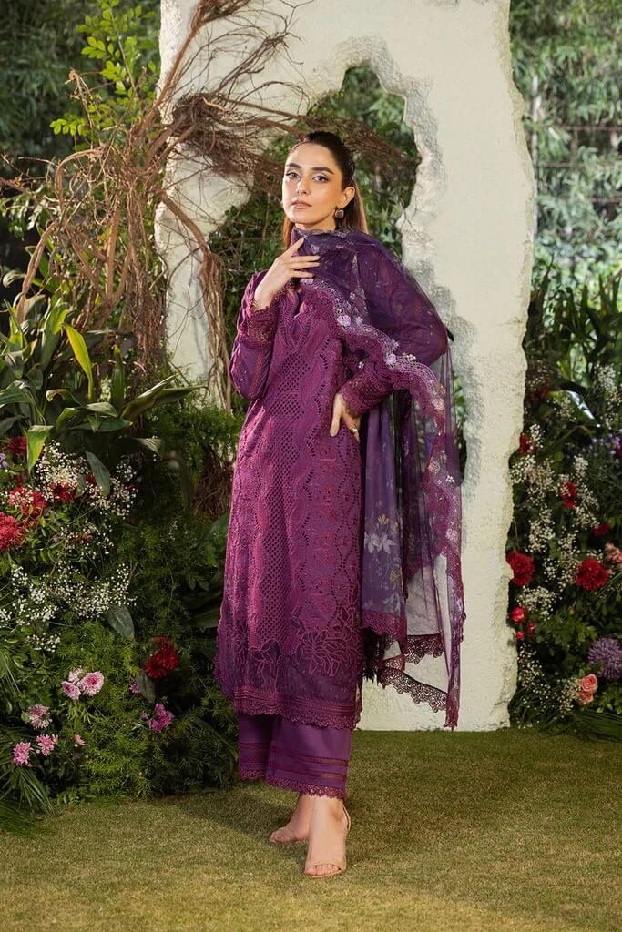 SOBIA NAZIR LAWN 3PC - LAWN LASERCUT EMB SHIRT WITH MONARK PRINTED DUPATTA AND LAWN DYED TROUSER | RP-3698