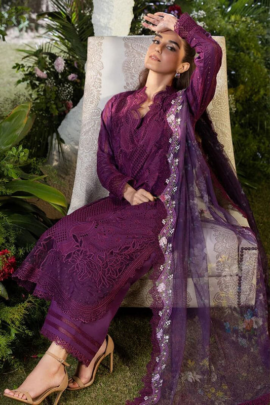 SOBIA NAZIR LAWN 3PC - LAWN LASERCUT EMB SHIRT WITH MONARK PRINTED DUPATTA AND LAWN DYED TROUSER | RP-3698