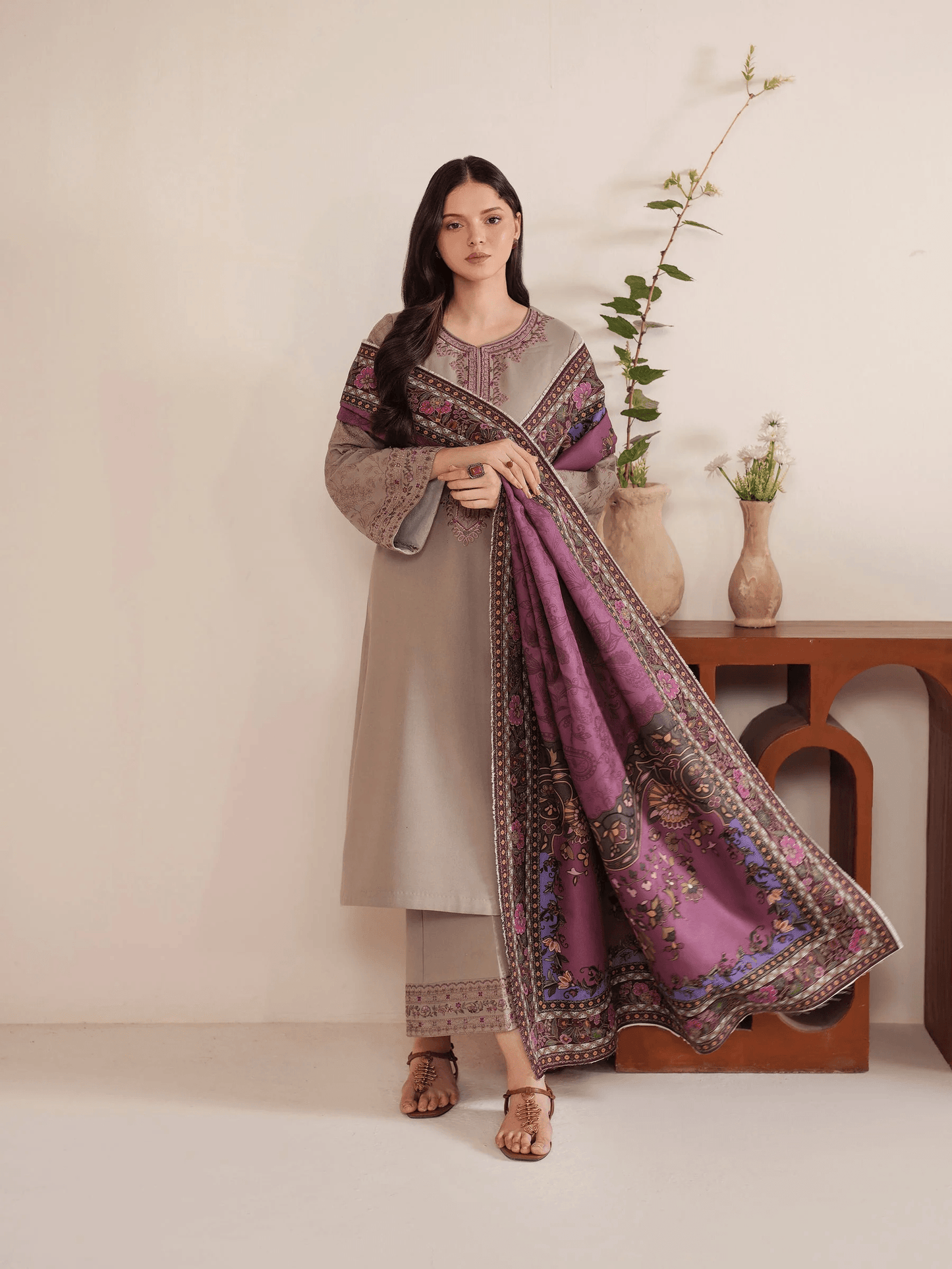 GARNET LAWN 3PC - LAWN EMB SHIRT WITH MONARK PRINTED DUPATTA AND LAWN DYED TROUSER | RP-3538