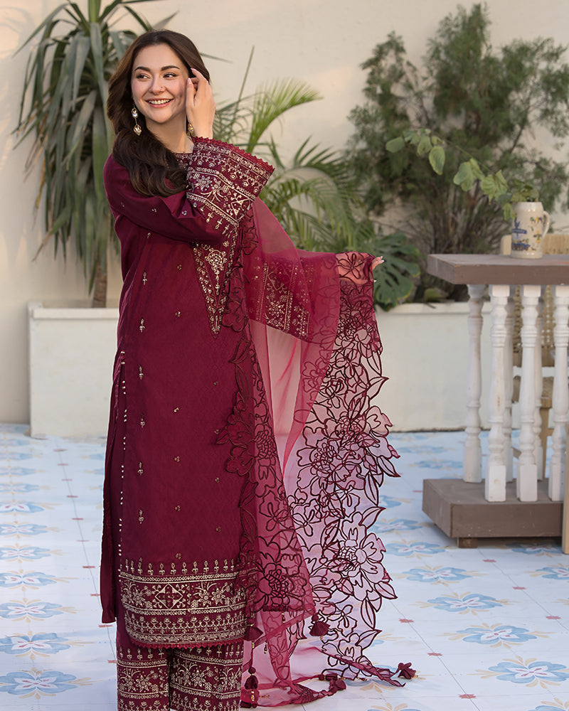 QALAMQAR-3PC DHANAK EMBROIDERED SHIRT WITH ORGANZA EMBROIDERED DUPATTA AND EMB TROUSER-BIC-4092