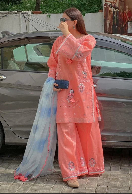 RANG RASIYALAWN 3PC - LAWN EMB SHIRT WITH MONARK PRINTED DUPATTA AND LAWN EMB TROUSER | RP-3518
