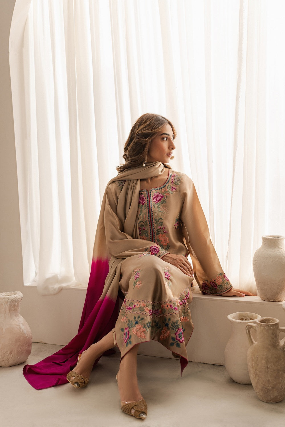 VINTAGE-3PC DHANAK EMBROIDERED SHIRT WITH TYE & DYE CHIFFON DUPATTA AND TROUSER-BIC-4169