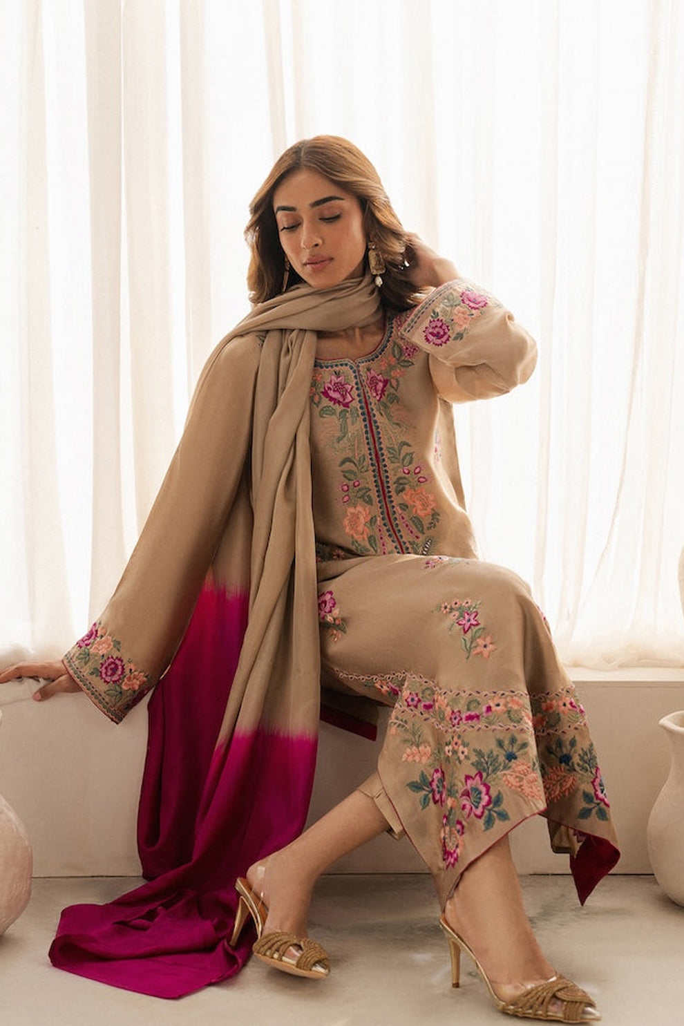 VINTAGE-3PC DHANAK EMBROIDERED SHIRT WITH TYE & DYE CHIFFON DUPATTA AND TROUSER-BIC-4169