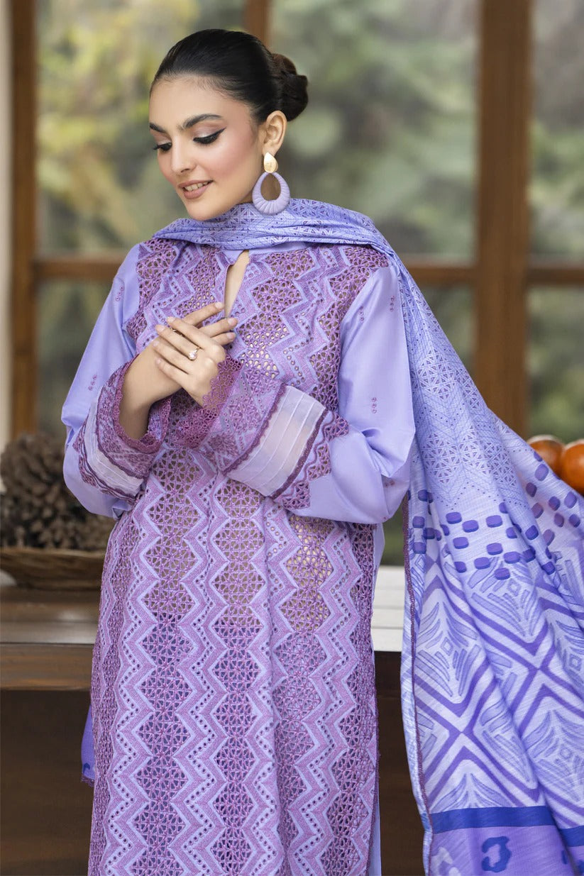 MIRAKHI LAWN 3PC - LAWN LASERCUT EMB SHIRT WITH MONARK PRINTED DUPATTA AND LAWN DYED TROUSER | RP-VOL-1-PLUM