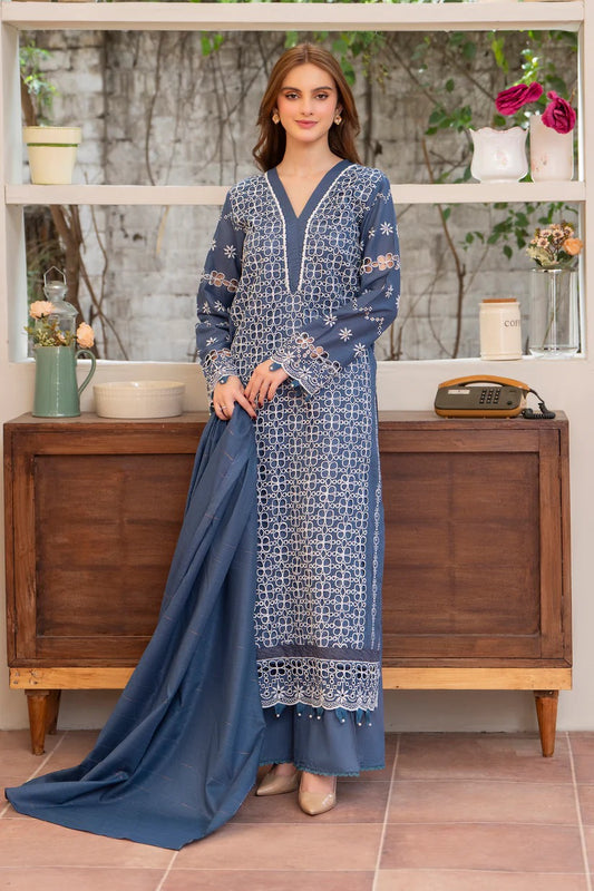 MIRAKHI LAWN 3PC - LAWN CHIKANKARI EMB SHIRT WITH LAWN TUBE SLUB DUPATTA AND LAWN DYED TROUSER | RP