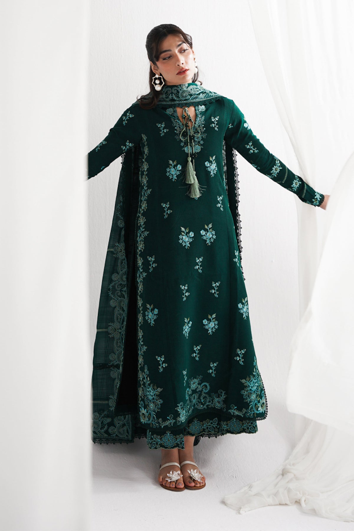 GARNET-3PC DHANAK EMBROIDERED SHIRT WITH DHANAK EMBROIDERED SHAWL & TROUSER-BIC-4318