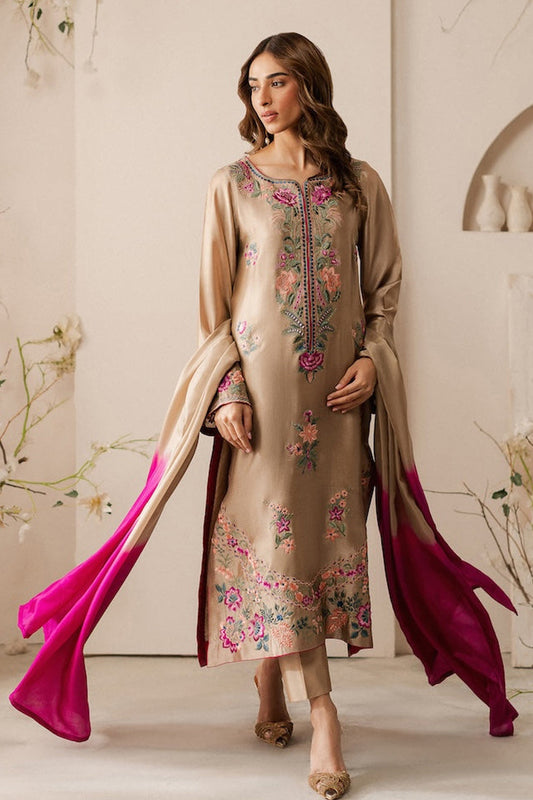 VINTAGE-3PC DHANAK EMBROIDERED SHIRT WITH TYE & DYE CHIFFON DUPATTA AND TROUSER-BIC-4169
