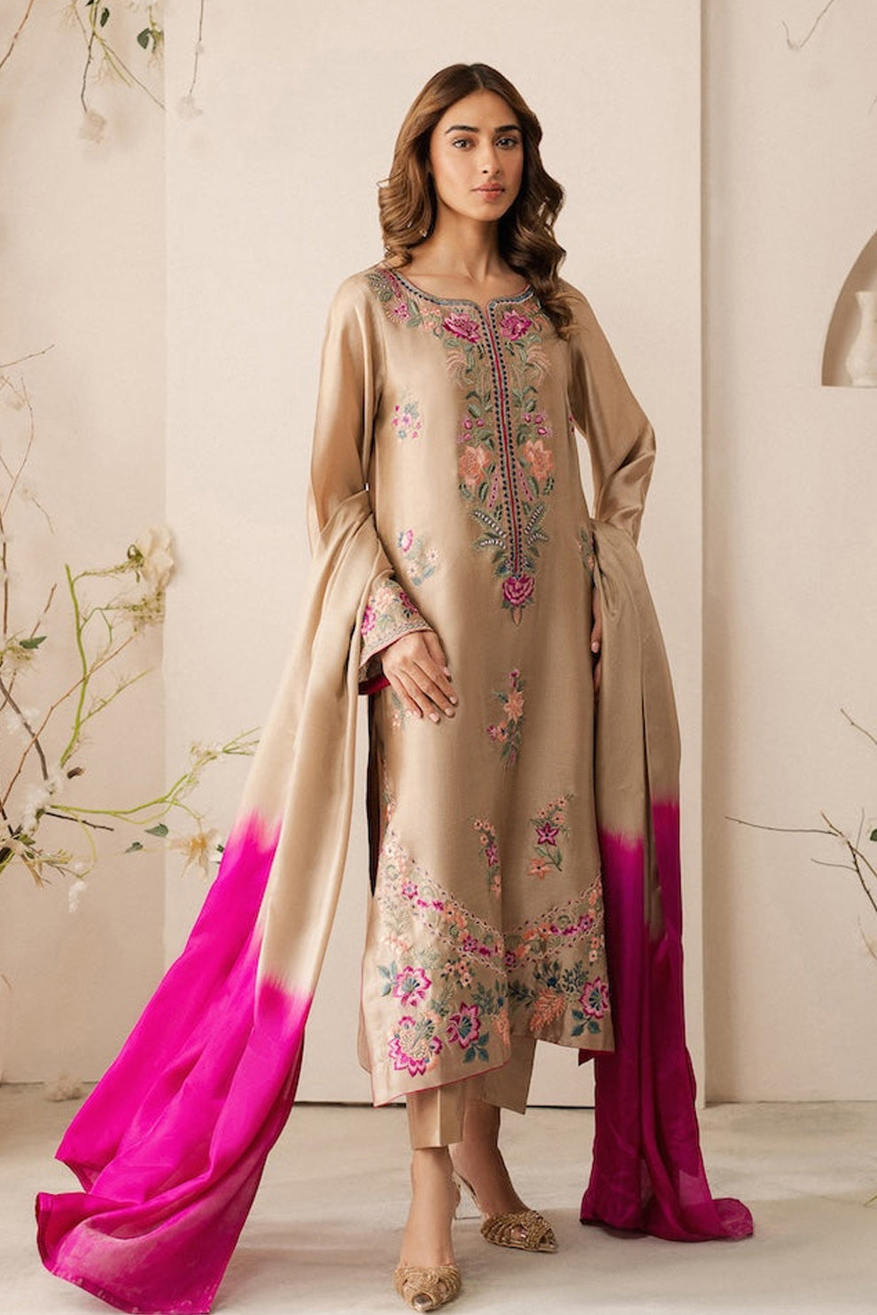 VINTAGE-3PC DHANAK EMBROIDERED SHIRT WITH TYE & DYE CHIFFON DUPATTA AND TROUSER-BIC-4169